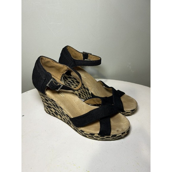 Toms Espadrille black ivory burlap platform wedge sandals Women’s Size 7 - Picture 1 of 7